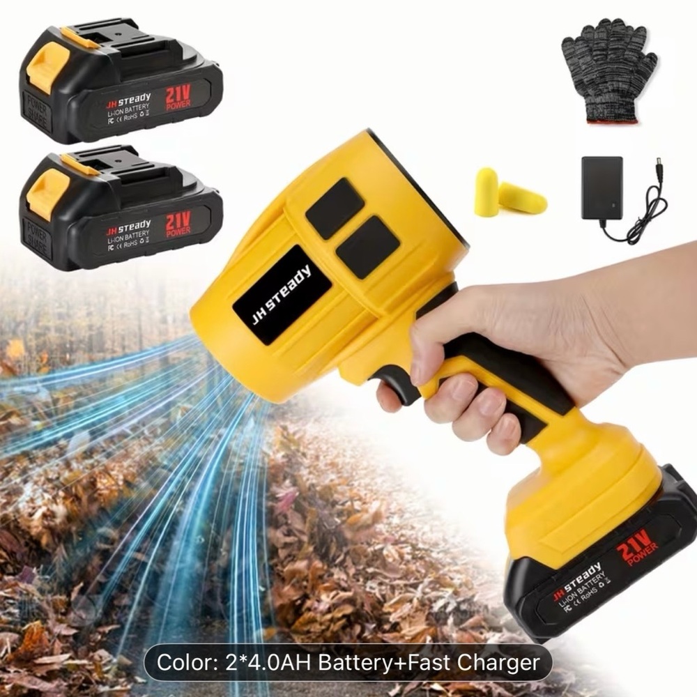 Yellow Handheld Leaf Blower with 2 Batteries and Charger